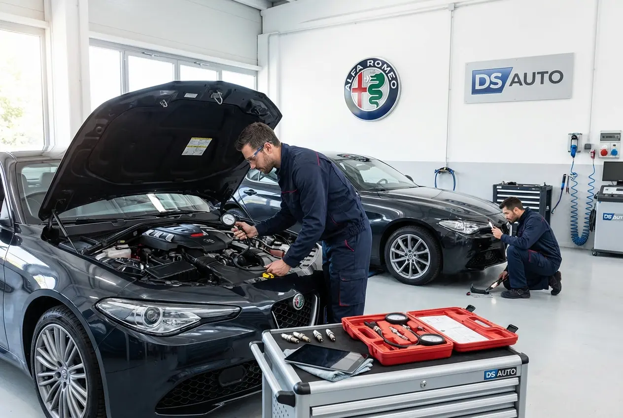 Процесс замера компрессии в двигателе Alfa Romeo в автосервисе DS Auto в Жуковском
