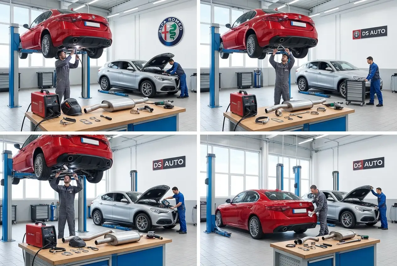 Ремонт глушителя с помощью сварки в автосервисе DS Auto Жуковский – качественное восстановление выхлопной системы Alfa Romeo
